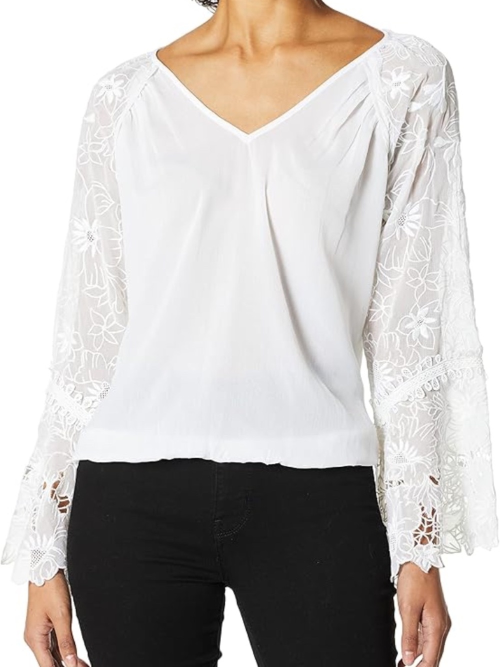 NWT - Ramy Brook Crysta - Ivory V-Neck Blouse with Lace Sleeves